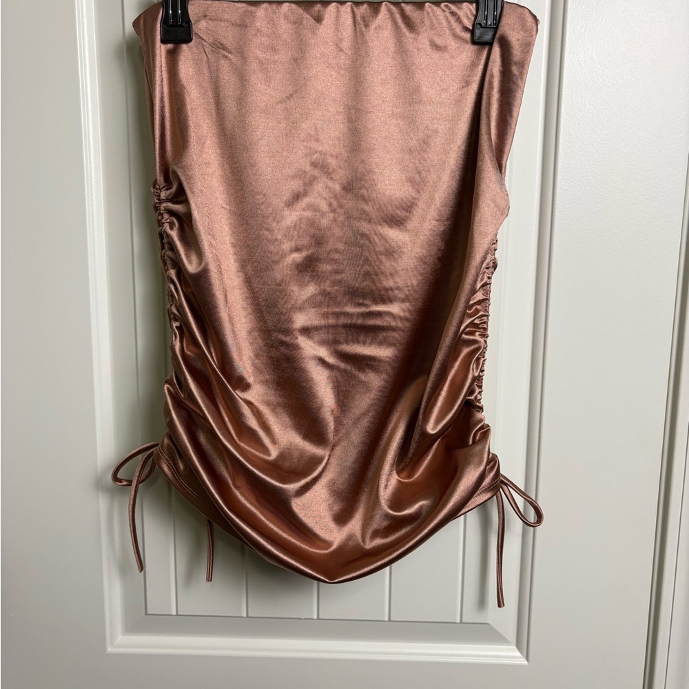 Windsor Metallic Rose Satin Ruched Side-Drawstring Mini Skirt